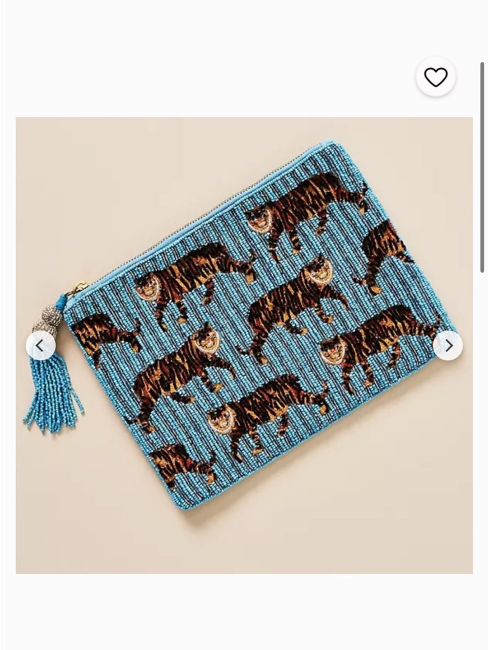 Anthropologie Beaded New Tiger Print Zip Pouch in Turquoise 10x8